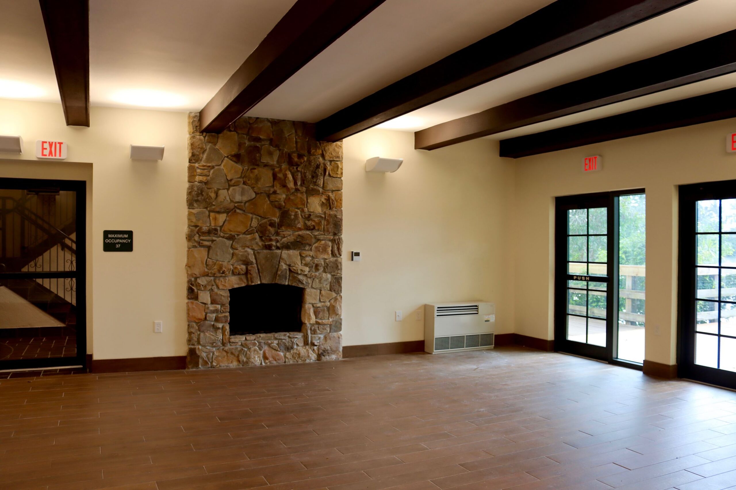 Interior community room at Sunny Lake Bird Sanctuary.
